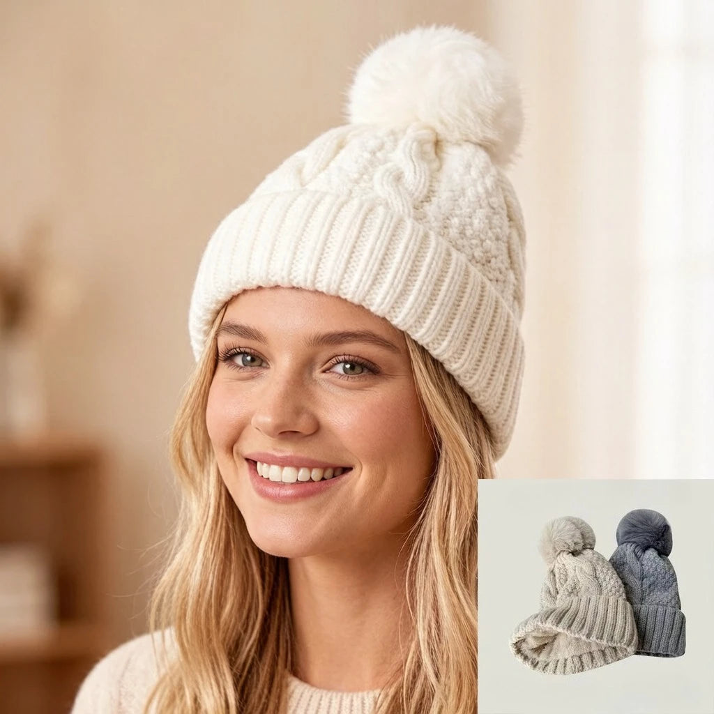 Women's Cable Knit Pom Pom Beanie with Ear Flaps - Winter Hat - photo 2