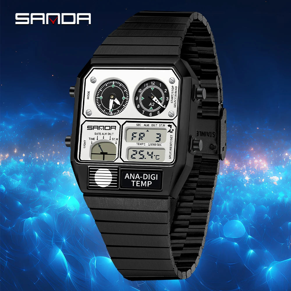 SANDA 3192 Men's Sport Watch – Analog-Digital LED, Waterproof, Stainless Steel