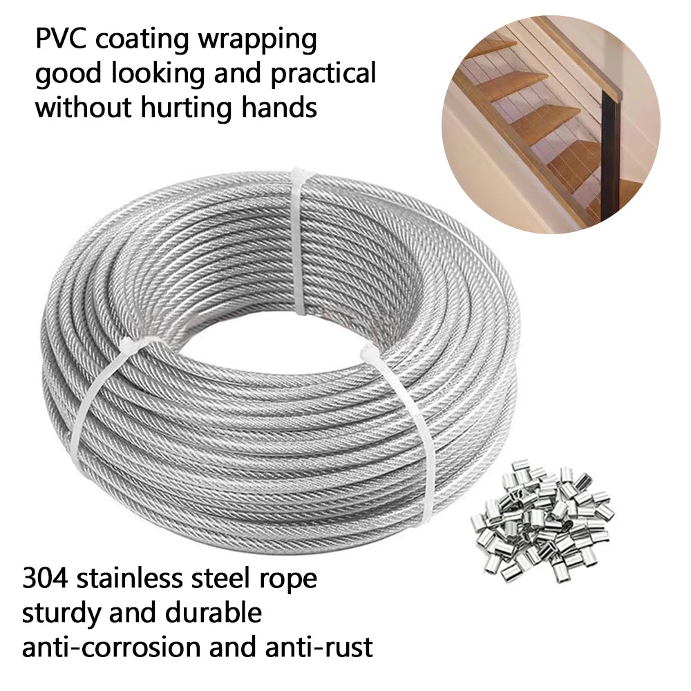 Steel Wire Rope Transparent Color PVC Plastic Coating 1.0-6mm 304 Stainless Cable Used For Clotheslines 5M/10M/20M/50M/100M