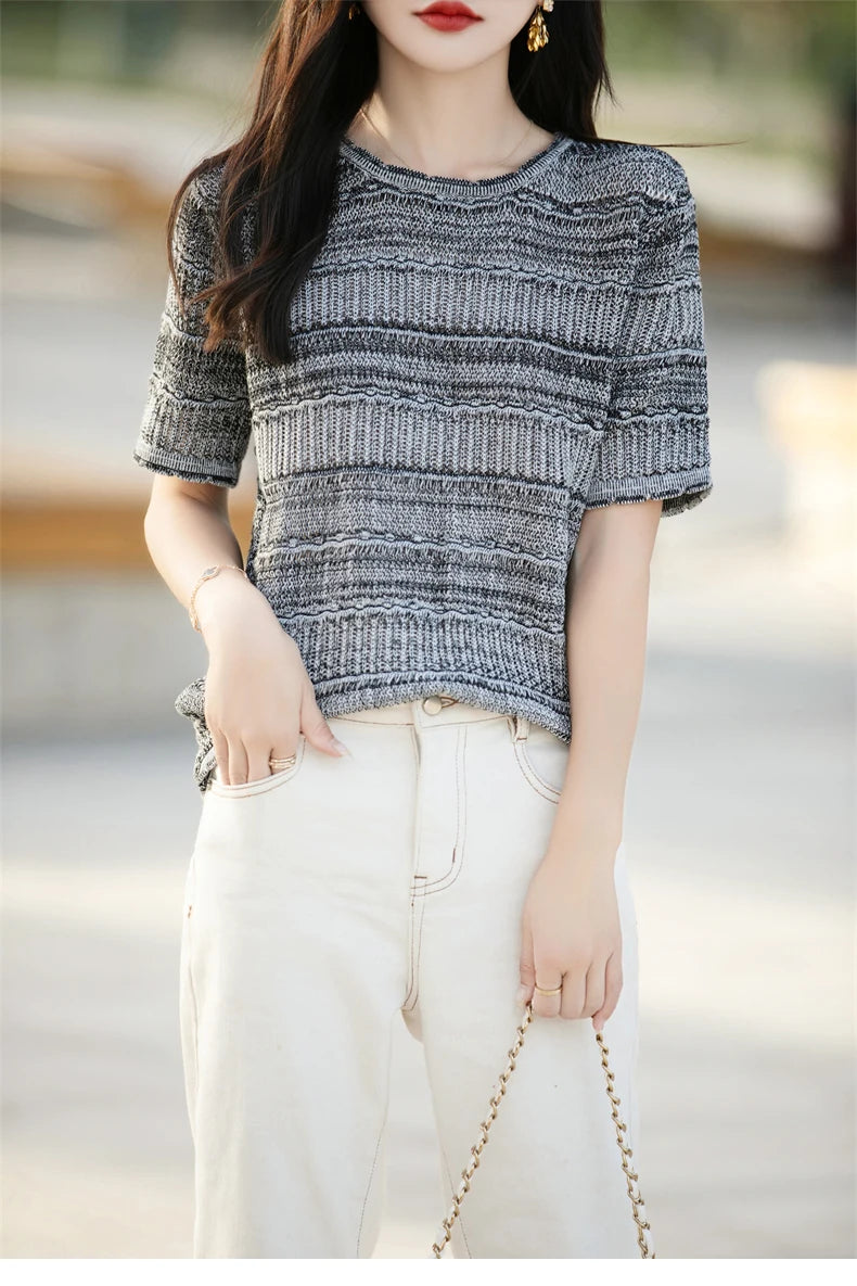 Women's T-Shirt Summer 100% Cotton Sweater Short Sleeve Striped Knitted Round Neck Ladies Tops Loose Blouse Pullover Tees