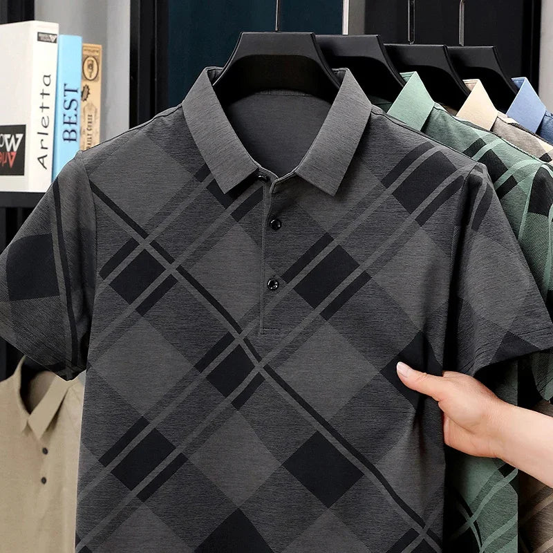 Men's Plaid Polo - Soft Elastic Woven, Retro Oversized Grid