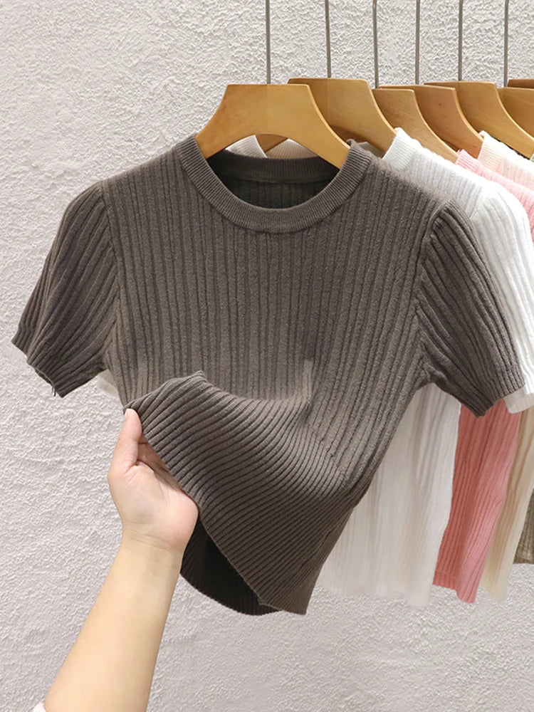 Women's Knit Summer T-Shirt — Korean Basic Solid Top