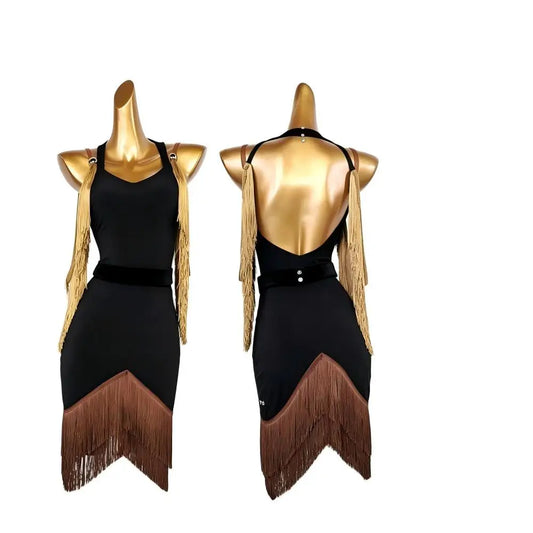 Women's black and gold tassel Latin dress