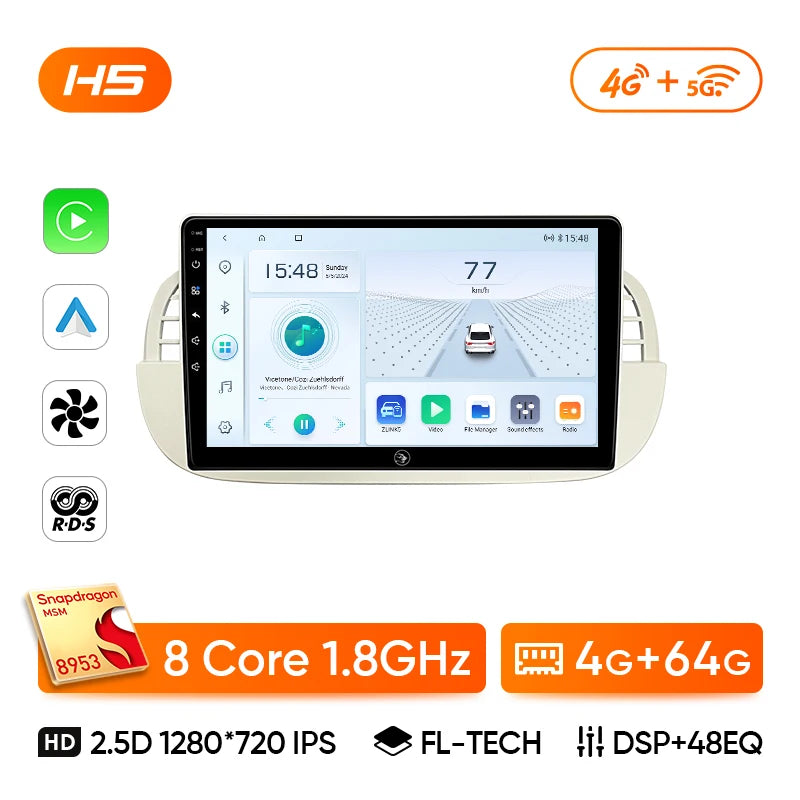 Ainavi 9" Android Car Stereo for Fiat 500 — CarPlay, Android Auto, GPS, Steering-Wheel Control