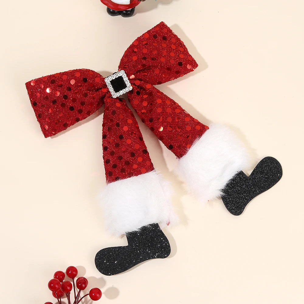 New Christmas Hair Clips Santa Pants Hairpins Red Sequin Bows Barrette For Girls Xmas Party Decor Headwear Hair Accessories