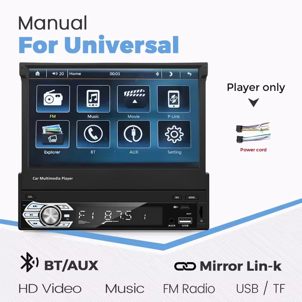 1-DIN 7" Retractable Touchscreen Car Stereo — CarPlay, Android Auto, Mirror Link, FM/AUX, Bluetooth
