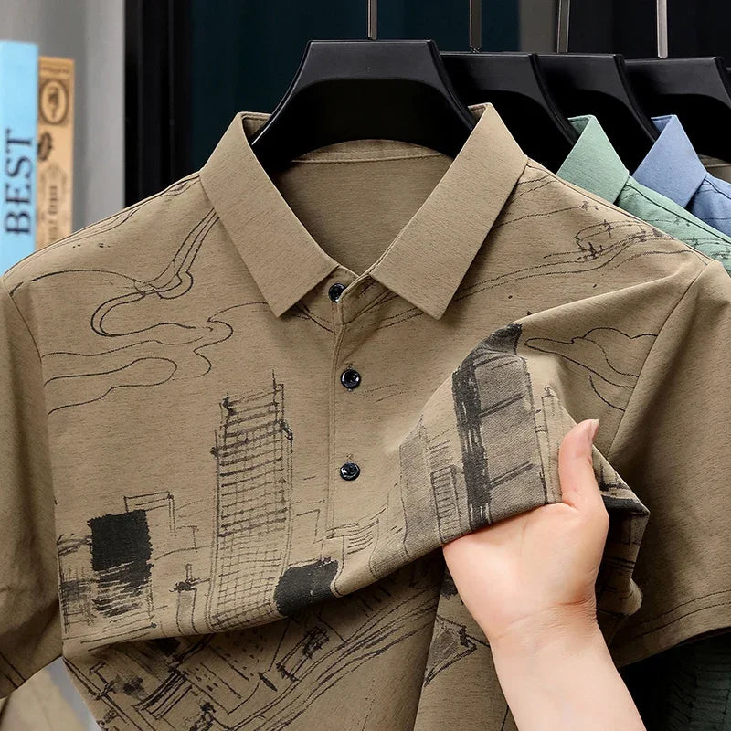 Men's Skyline-Print Polo - Thin Lightweight, Two-Button Lapel