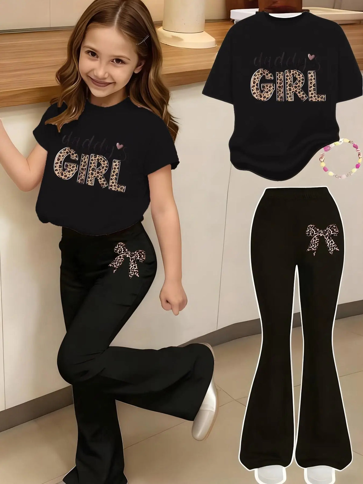 Children's Clothing Girls' Outfit Leopard Print Bow Pattern Printed 2-Piece Set Casual Sports Short-Sleeve Top and Flared Pants Set Suitable for Girls Aged 4-11 for Home, Outing, and School Versatile Wear