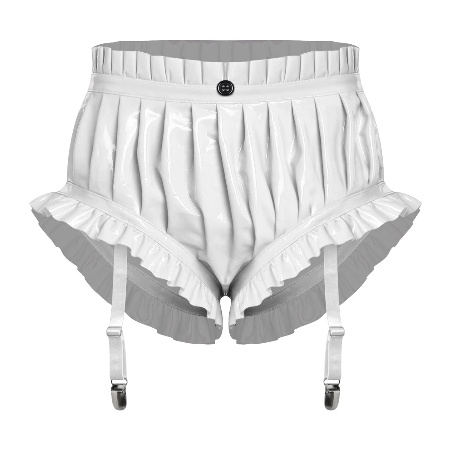 Womens Wet Look Lingerie Latex Shorts Patent Leather Ruffle Trim with Garter Clips Ruched Bloomer Shorts Glossy Rave Clubwear
