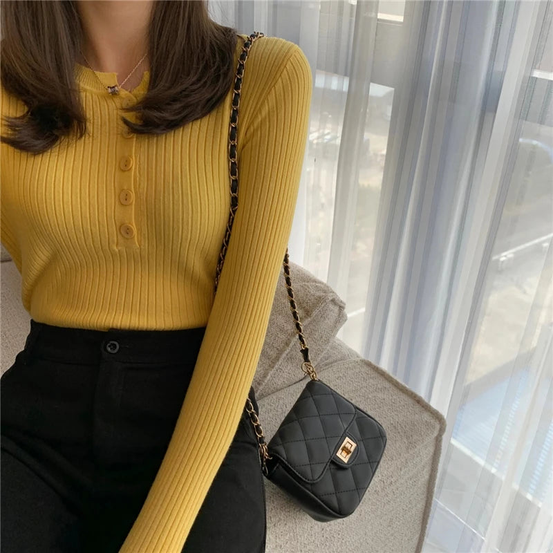 Women's Striped Button Knit Sweater — Slim Crew Neck