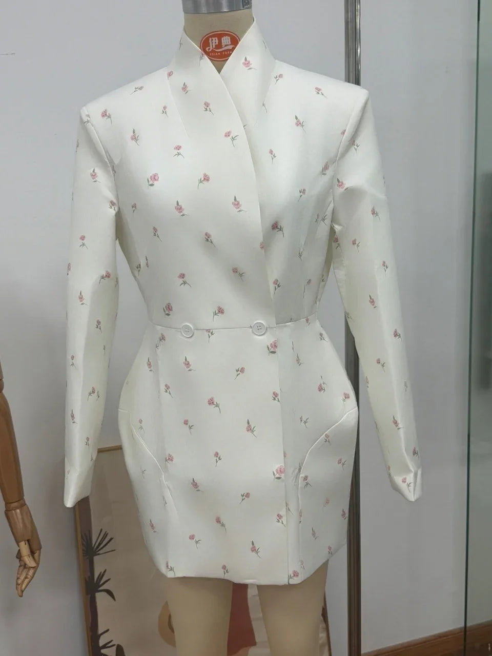 Women Cross Collar Floral Jacket Coats Stand Neck Waist Cinching Single Breasted Pad Shoulder Coats Lady Spring Chic Outwear Top