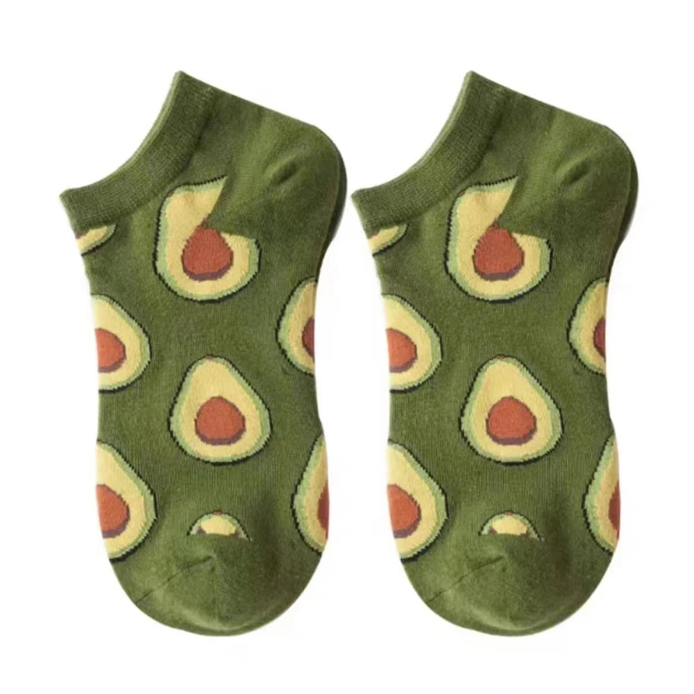 5 Pairs Avocado Crew Ankle Socks Cartoon Fresh Fashion Breathable Summer And Autumn Kawaii Comforts Women's Low Cut Boat Socks