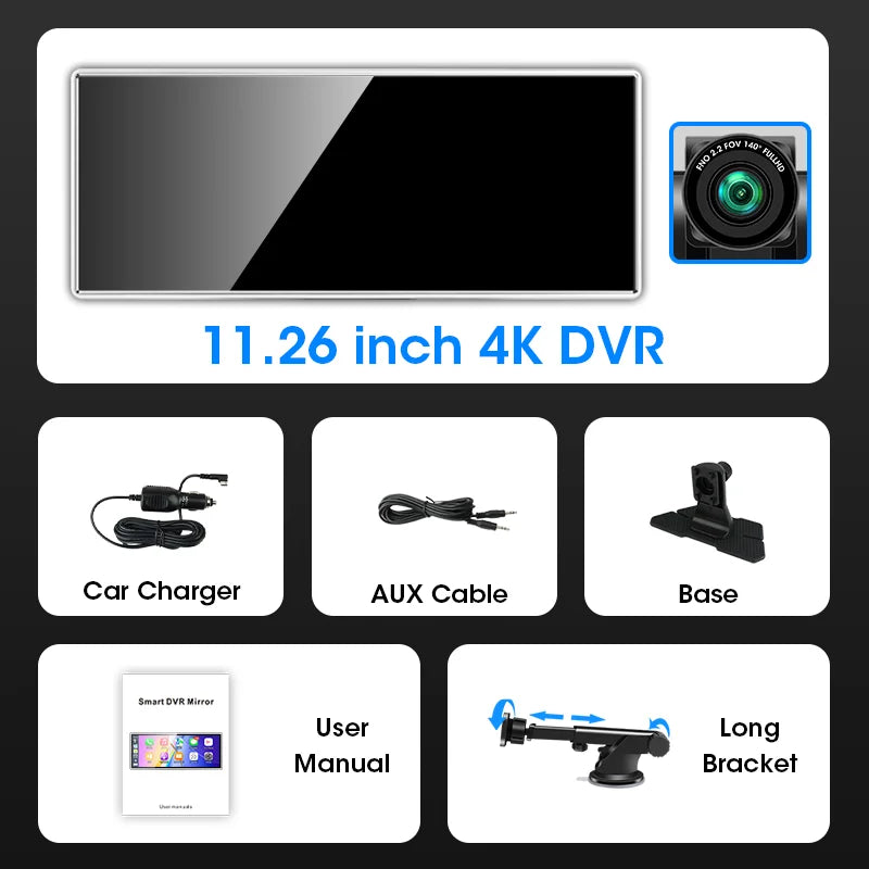 11.26 inch 4K Dash Cam Wireless Carplay Android Auto Fashionable Silver Border Car DVR GPS Navigation Video Recorder Dashboard