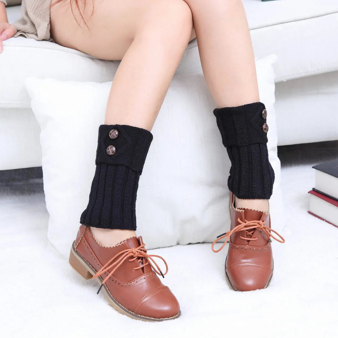 Women's Knit Boot Cuffs, Short Leg Warmers with Buttons