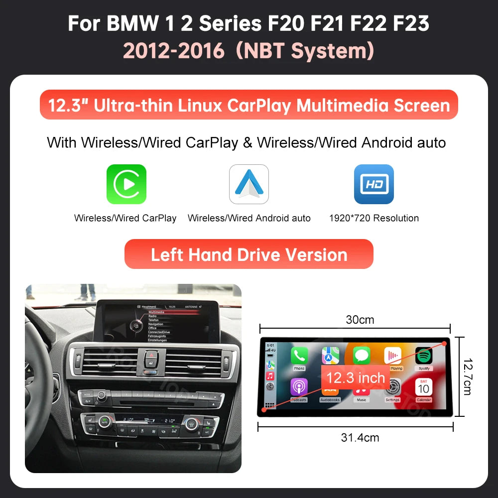 12.3'' Ultra-thin Linux Screen Car Multimedia Display For BMW 1 2 Series F20 F21 F22 F23 NBT EVO Wireless CarPlay Android Auto