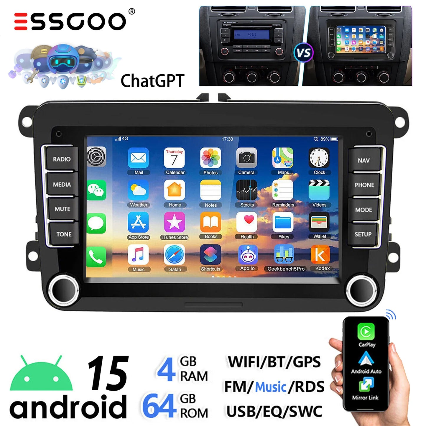 ESSGOO 7" Android 14 4G+64G Apple Carplay ChatGPT Car Stereo GPS WIFI RDS BT for VW Golf 5 6 Passat Polo Touran Tiguan Caddy EOS