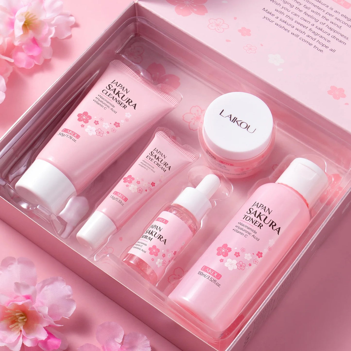 5pcs/set Laikou Sakura Skin Care Set Facial Cleanser Toner Face Serum Eye Cream Hydrating Moisturizing Anti Aging Skin Care Kit