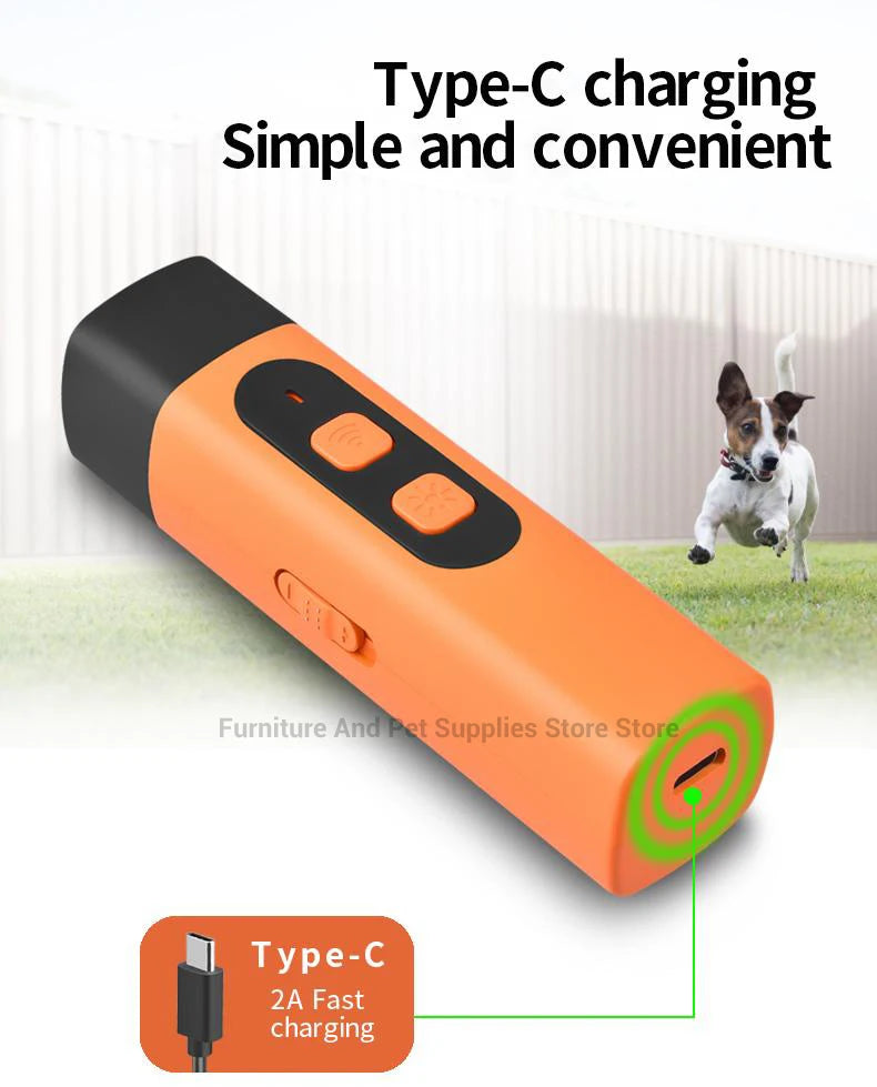 Rechargeable Ultrasonic Dog Repeller & Anti-Bark Deterrent – Dog Training Device with LED Flashlight | Orange