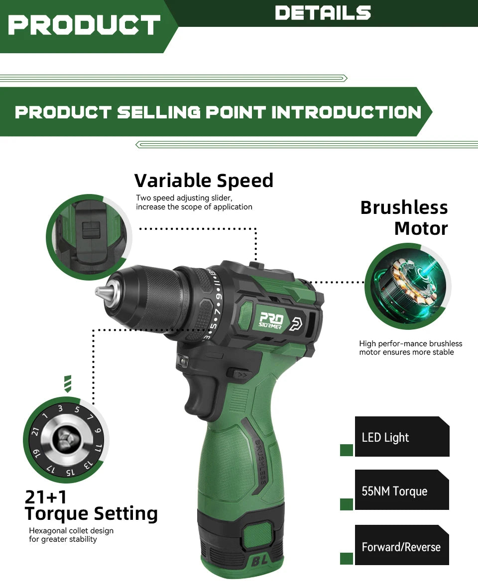 17V Brushless Electric Drill 55NM Cordless Driller Mini  Screwdriver Li-ion Battery 5pcs Bit Power Drill By PROSTORMER