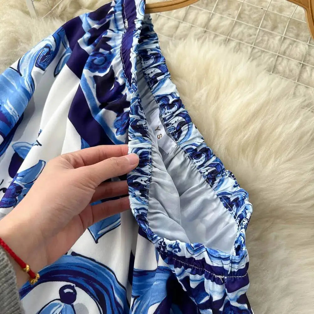 Summer Long Dress Women Runway Blue And White Porcelain Asymmetry Sexy Off The Shoulder Ruffles Hem Loose Robe Maxi Vestidos