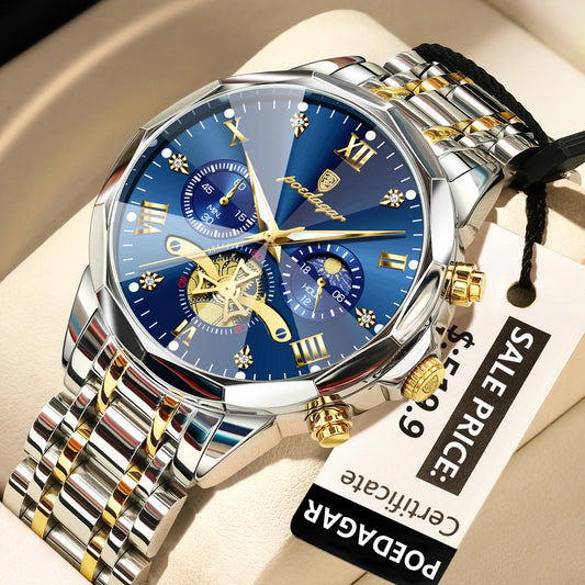 POEDAGAR Luxury Men's Quartz Watch – Waterproof Luminous Chronograph Stainless Steel Wristwatch (Model 938)