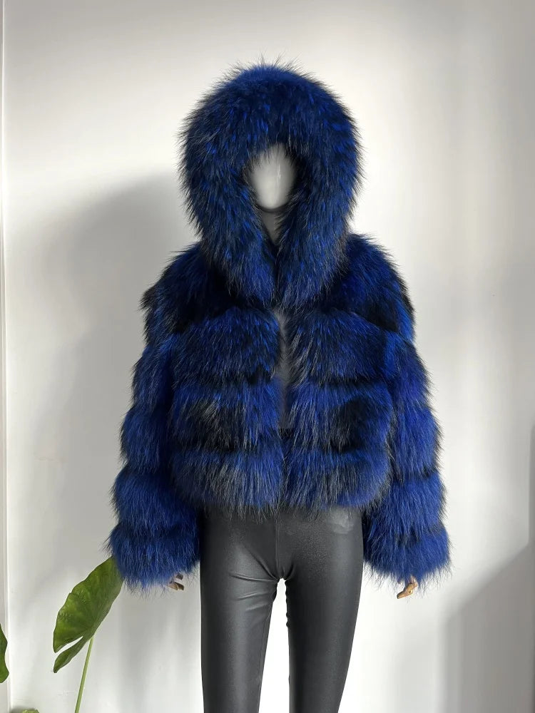 Women's Hooded Raccoon Fur Coat, Turn-Down Collar