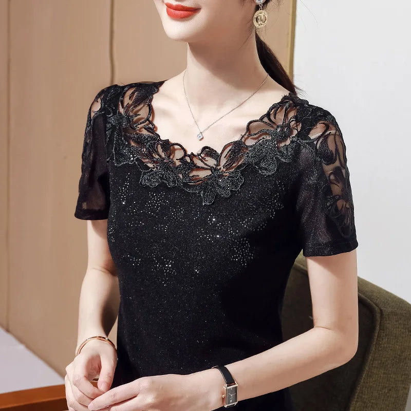 Lace Embroidery Mesh Top – Plus-Size Short-Sleeve Tee M-5XL