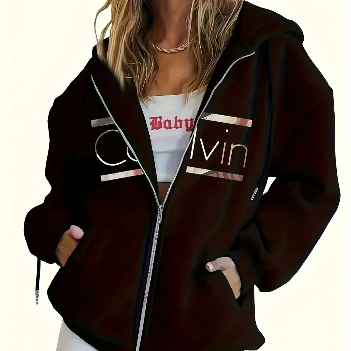 Women's Brown Zip-Up Hoodie - Drop Shoulder Relaxed Fleece Sweatshirt - photo 7