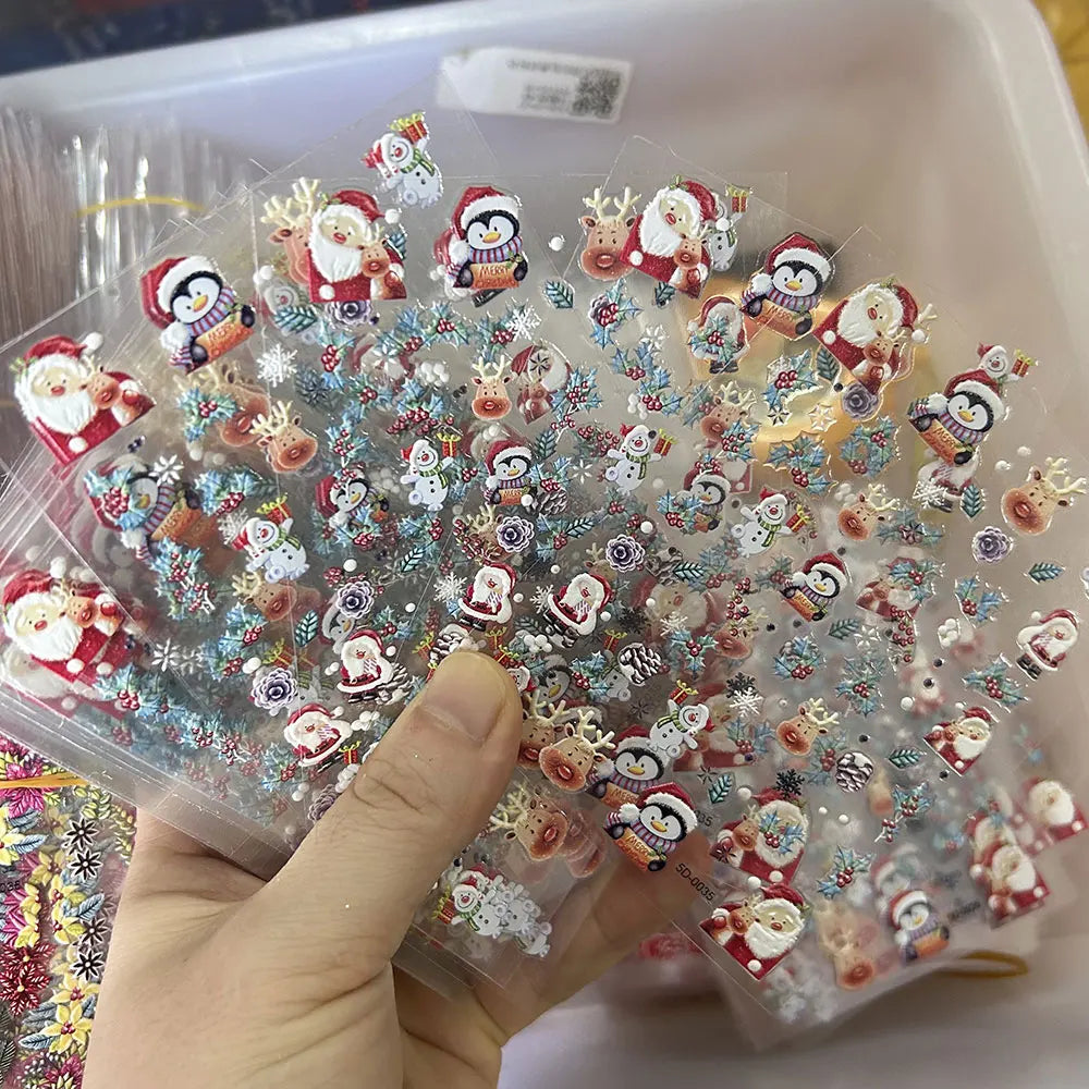 1pcs 5D Embossed Snowflakes/Snowman/Santa Claus/Reindeer Nail Art Stickers Self-Adhesive Cute Christmas Nail Art Decals 8*10CM