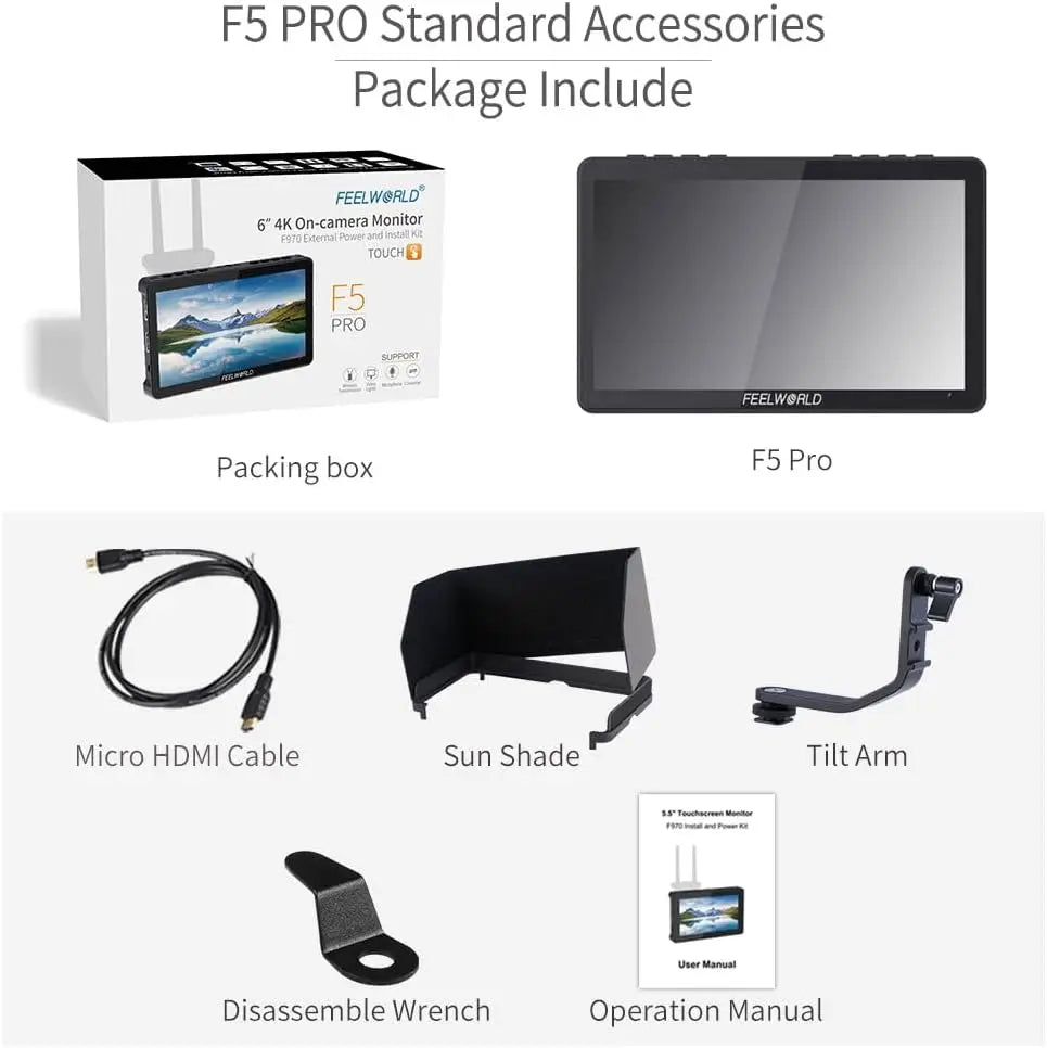 FEELWORLD F5 PRO V4 6 Inch Touch Screen 3D LUT DSLR Camera Field Monitor with F970 External Power Kit 4K HDMI Input Output