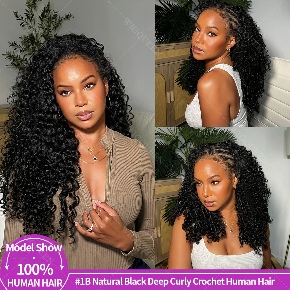 12A Deep Wave Crochet Hair Honey Blonde Highlight Ocean Wave Crochet Bulk Human Hair Extensions Curly Crochet Hair With String