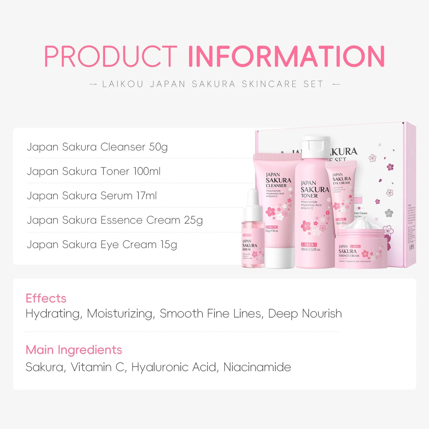 5pcs/set Laikou Sakura Skin Care Set Facial Cleanser Toner Face Serum Eye Cream Hydrating Moisturizing Anti Aging Skin Care Kit