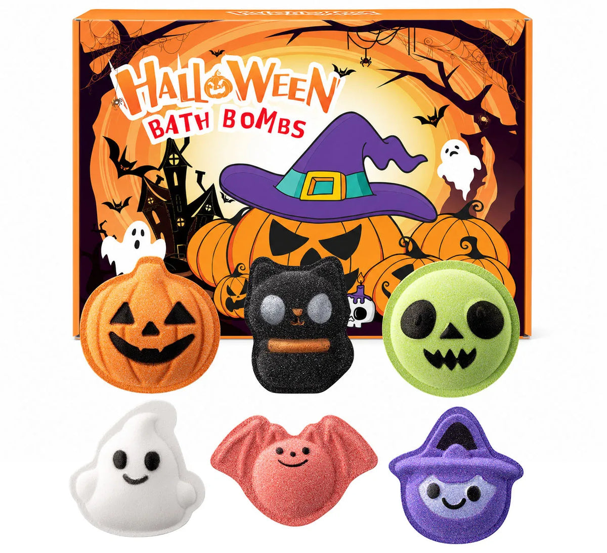 Halloween Bath Bomb Set, 6-piece, Weird Shape, Pumpkin Ghost Bat Witch Cat Bath Bomb Set, Halloween Boys and Girls Gift