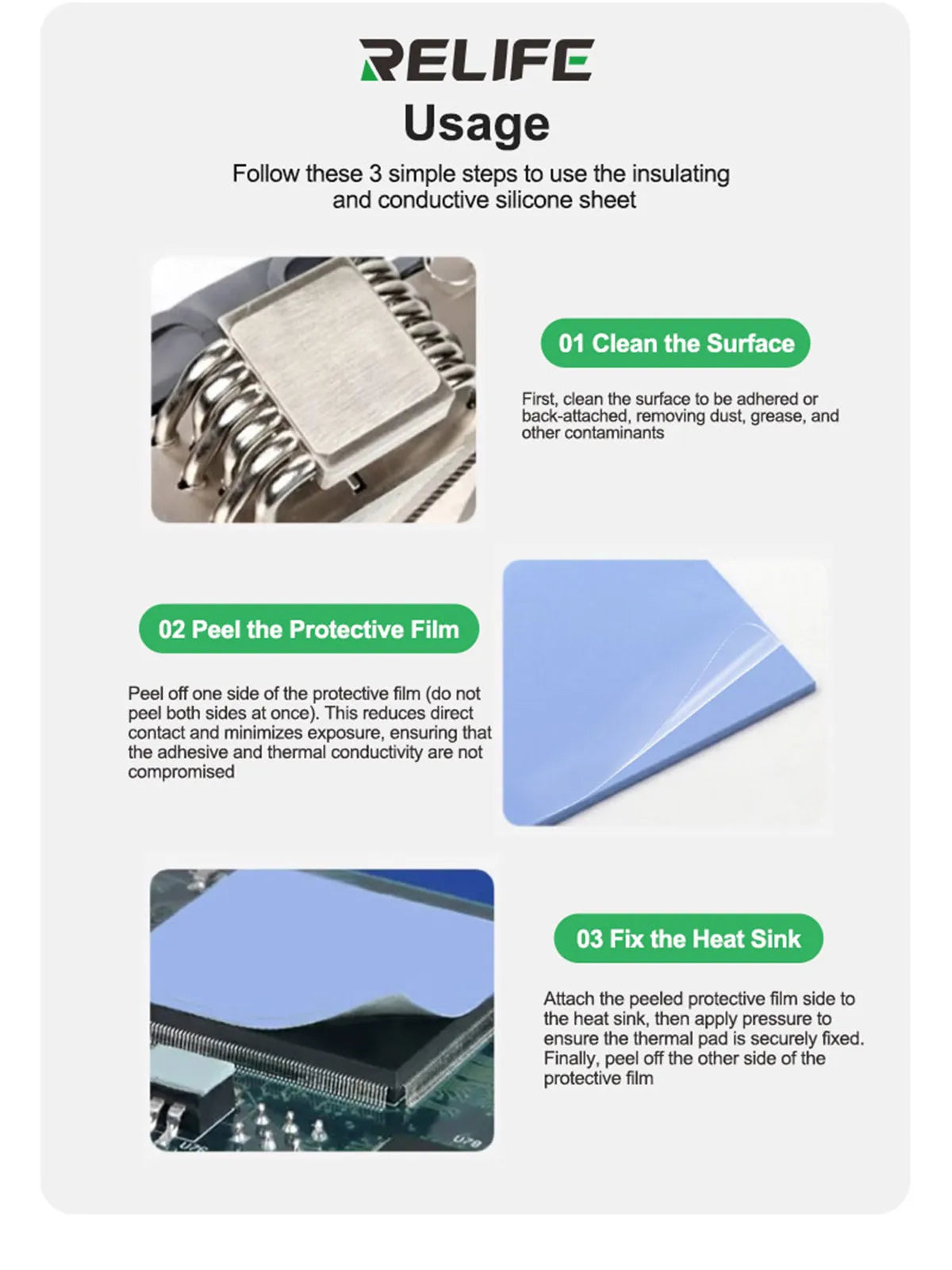 RELIFE RL-098 100PCS Pre-cut Insulating Thermal Pads for IC Chip High Thermal Conductivity Self-adhesive Repair Silicone Sheet