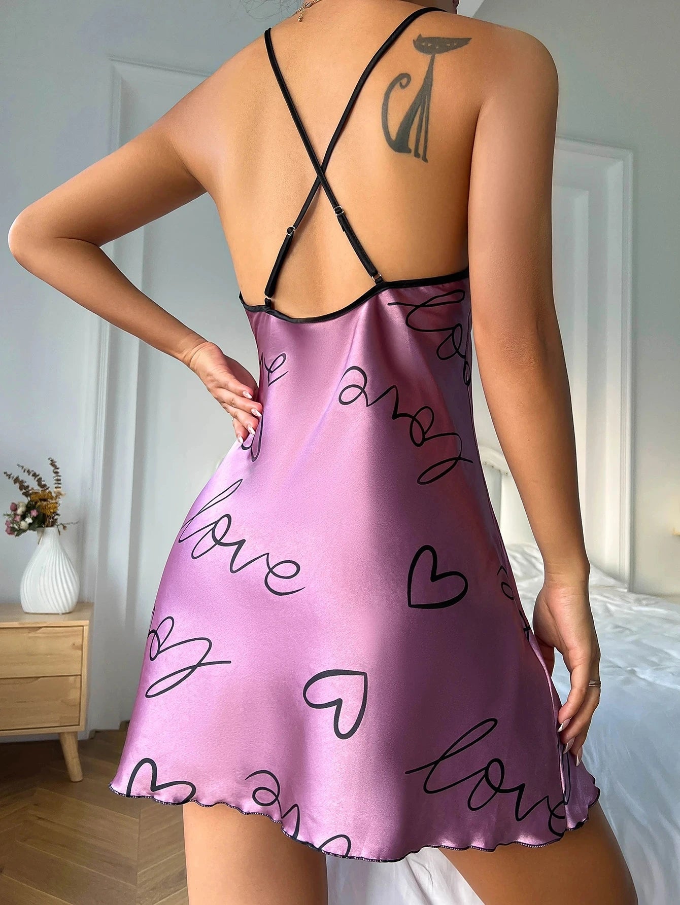 Women's Heart & Letter Print Nightdress – Sexy Sleeveless Satin Slip Sleepwear | S–XL (6 Colors)