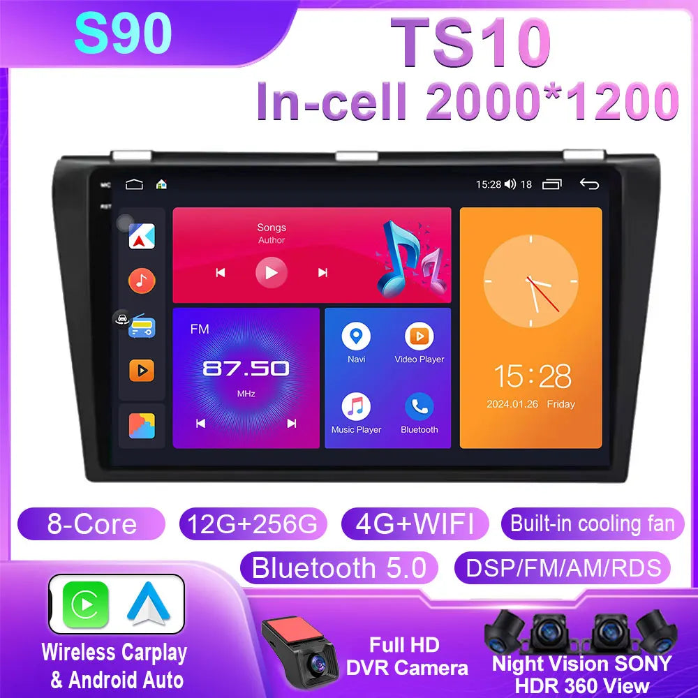 Android Car Stereo for Mazda 3 (2004–2009) — Wireless CarPlay, GPS, BOSE-Compatible, Multimedia Player