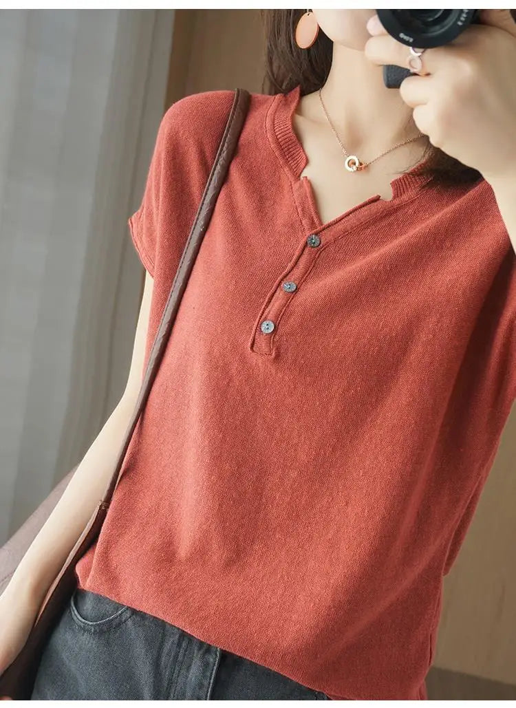 Summer 100% pure cotton women's T-shirt V-neck knitted short sleeved loose Tees solid color pullover button Tops basic versatile