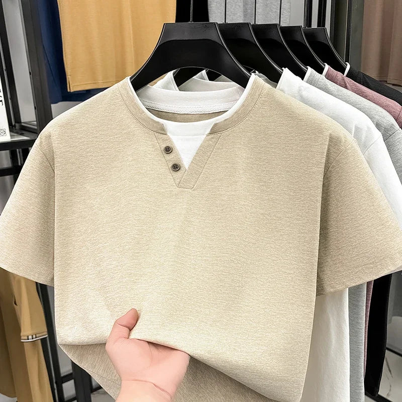 Men's Henley T-Shirt - Short Sleeve Button Detail, Layered Look