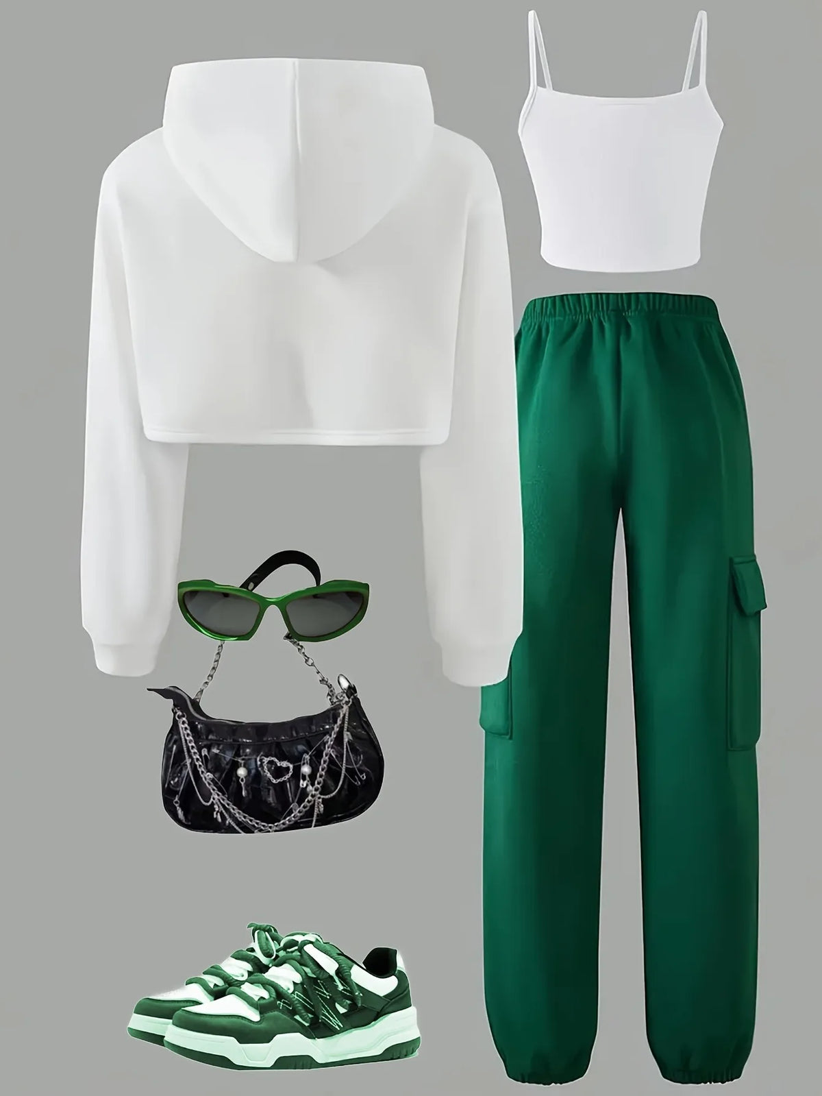 Kids Girls 3-Piece "BROOKLYN" Print Cropped Hoodie, Tank Top & Green Cargo Sweatpants Set Casual Streetwear Daily Loungewear Ou