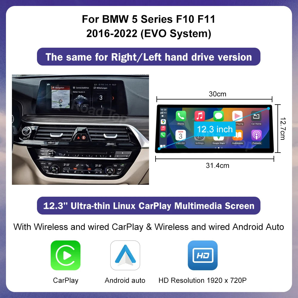 12.3Inch Ultra Thin Multimedia Touch Screen For BMW 5 Series F10 F11 CIC NBT EVO System Wireless Carplay Android Auto Car Radio