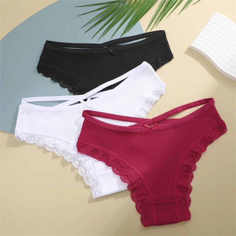 2PCS Cotton Panties for Women Sexy Lace Brazilian Briefs Female Low-Waist Cross Webbing Underpants Stretch Breathable Intimates