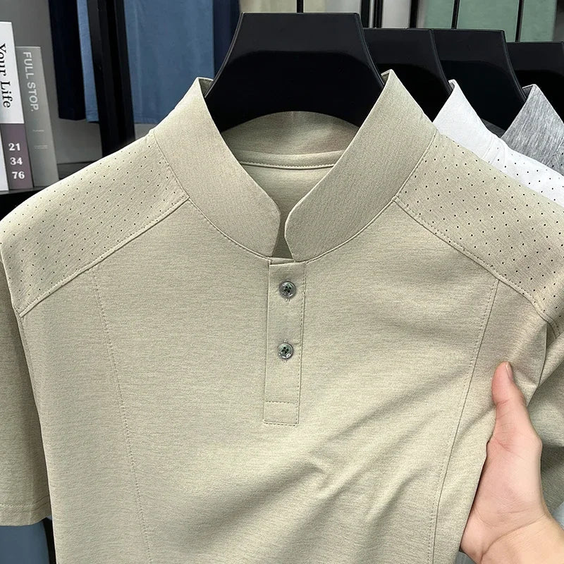 Men's Split-Neck Tee - Vented Perforated Fabric, Breathable Slim