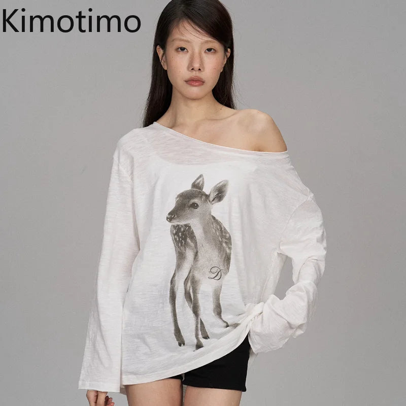 Kimotimo Summer Print Off Shoulder Long Sleeve T-shirt Women 2026 New Casual Transparent Loose Lazy Top Kpop Fashion Y2k Tees