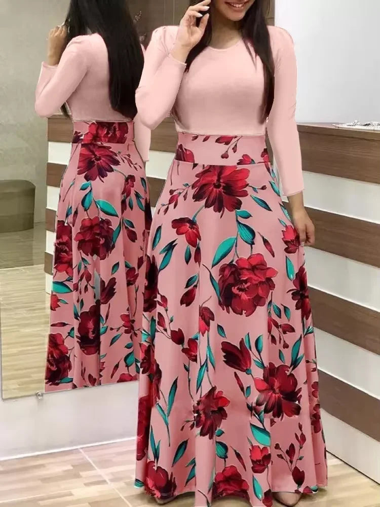 2025 European and American style flower print color matching short sleeved dress for women's large swing skirt