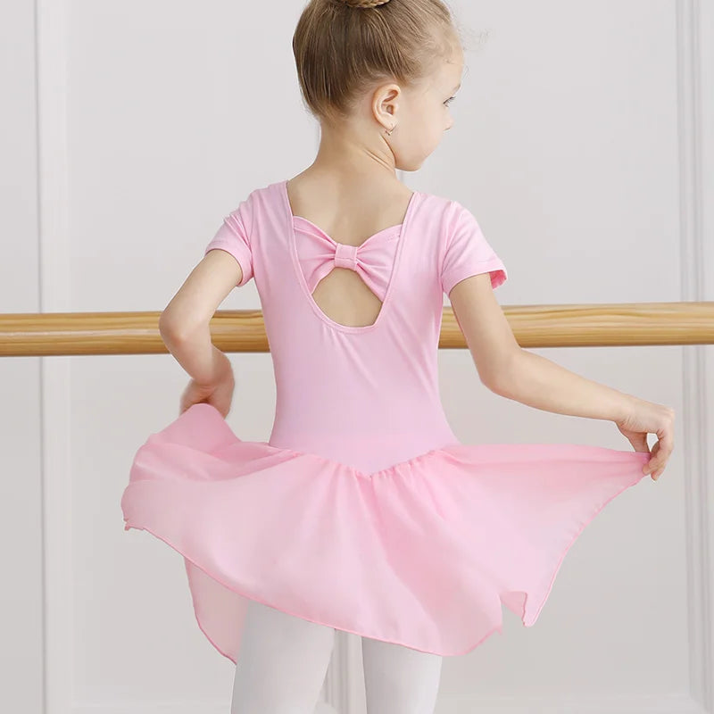Girl Ballet Leotard with Chiffon Tulle Skirt Kids Bowknot Lyrical Dance Dress Short/Long Sleeve Bodysuit Back Bow Tie Dance Wear