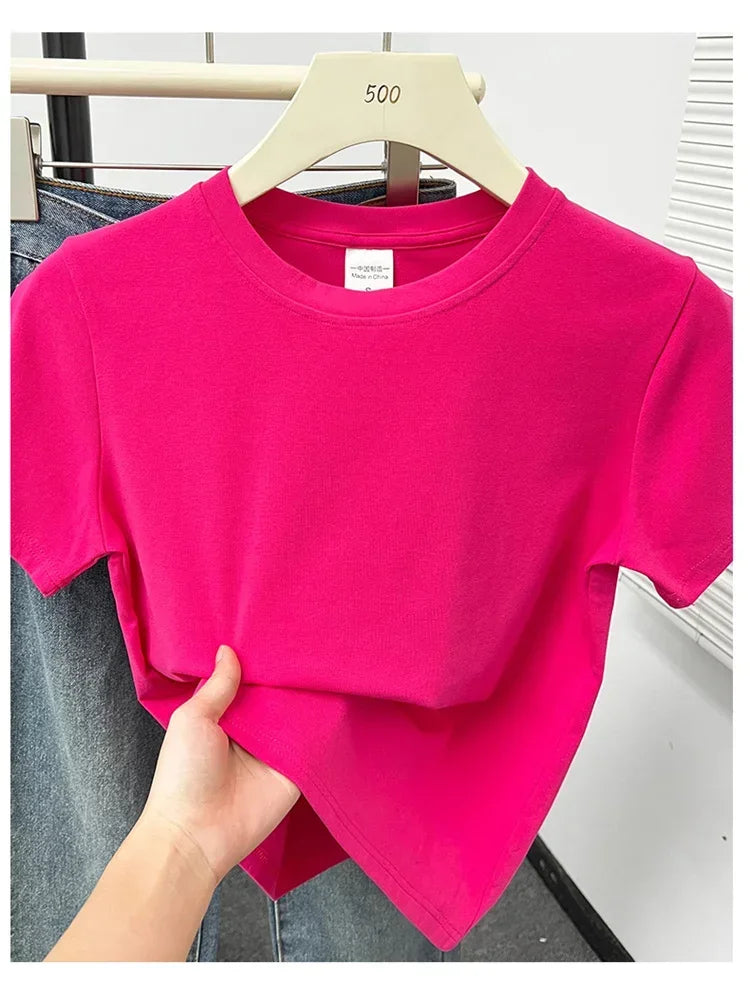 Women's Solid Short Sleeve Tee — Casual Y2K Top