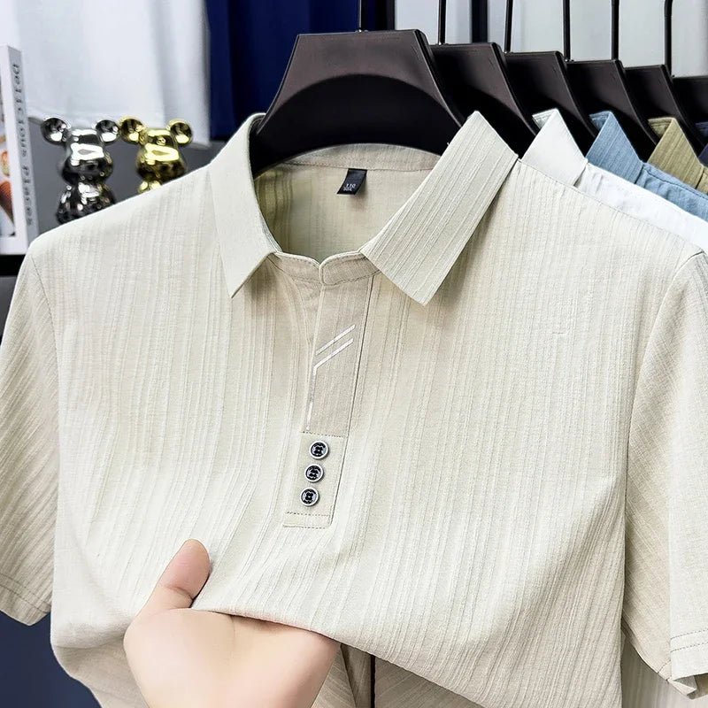 Men's Vertical-Stripe Polo - Soft Breathable, Three-Button Lapel