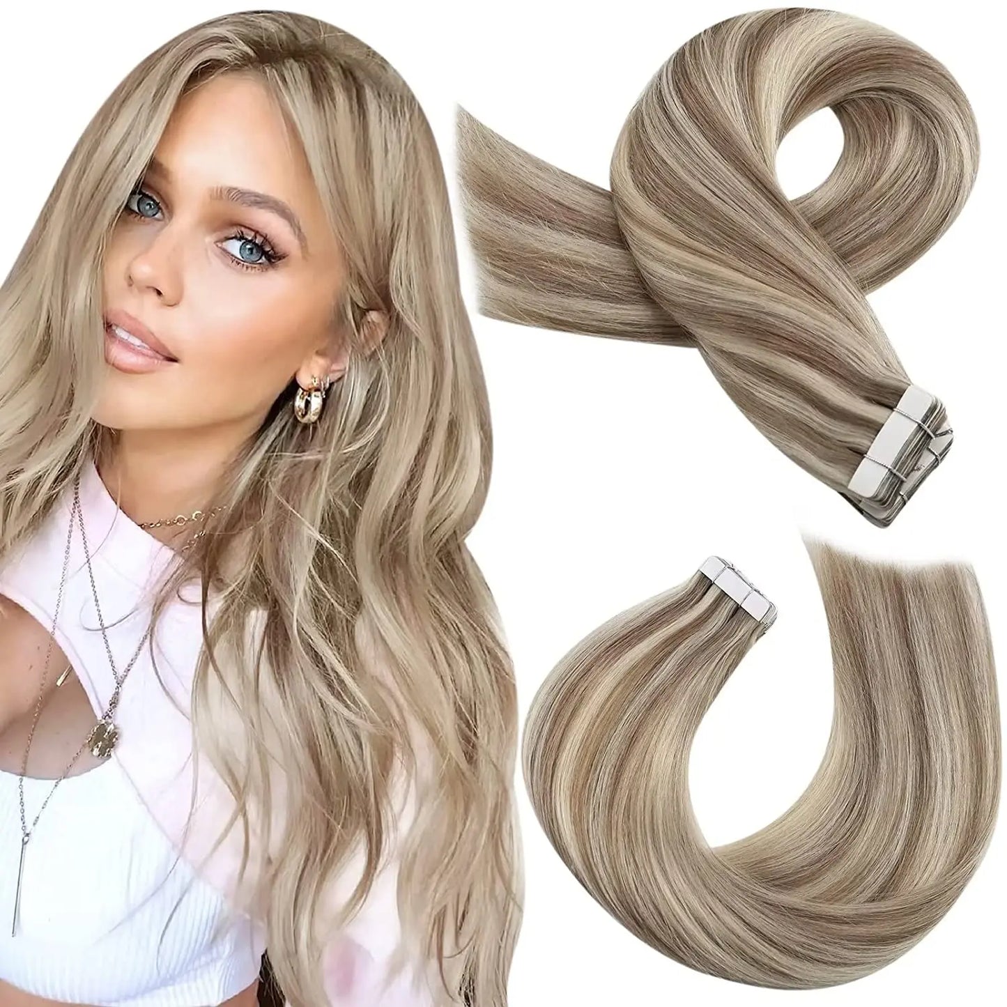 Moresoo Tape in Human Hair Extensions Balayage Blonde Hair Remy Hair Natural Soft Skin Weft Straight Seamless Hair Tape in Hair