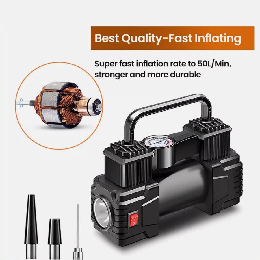 Dual Cylinder Heavy Car Tire Air Compressor 12V 150PSI Universal Portable Inflation Inflator Electric Pump with Pressure Gauge