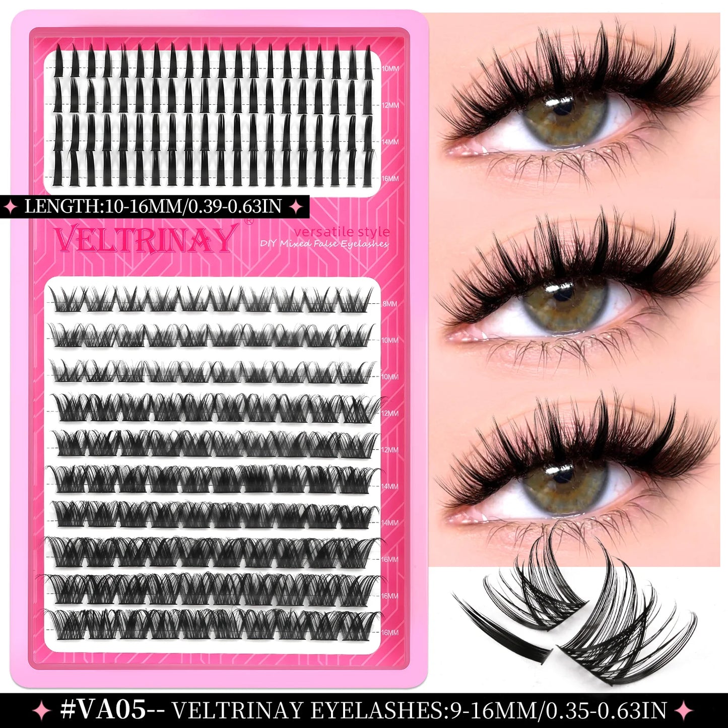 VELTRINAY Fluffy Lash Clusters Manga Lashes Spikes Lashes Mixed Lash Tray Natural Faux Mink Lashes Eyelashes Extension Makeup